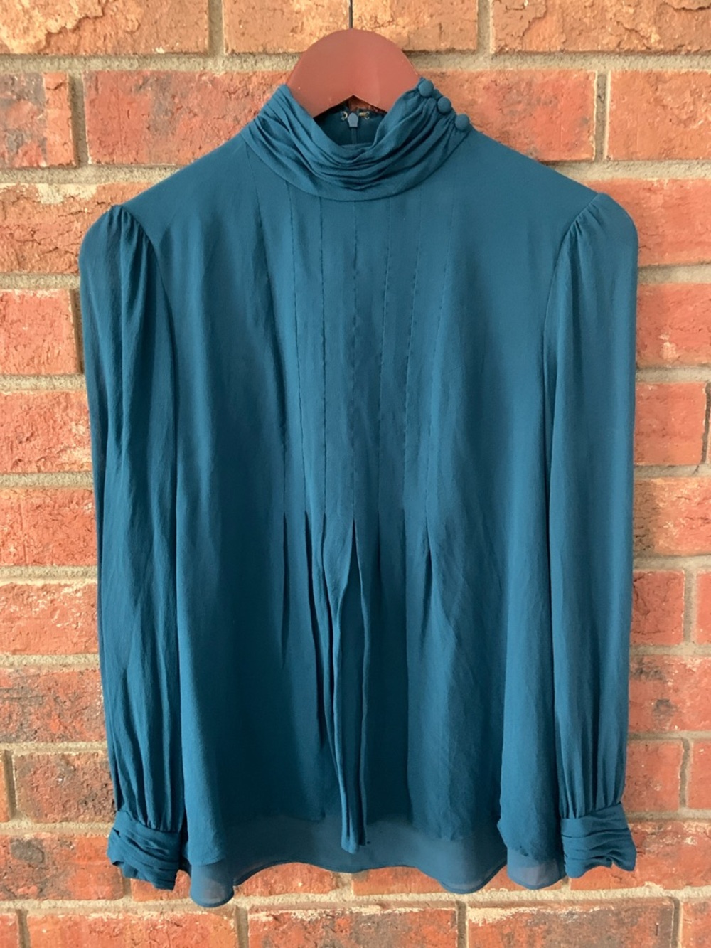 Tory Burch Silk Teal High-Neck Long Sleeve Blouse